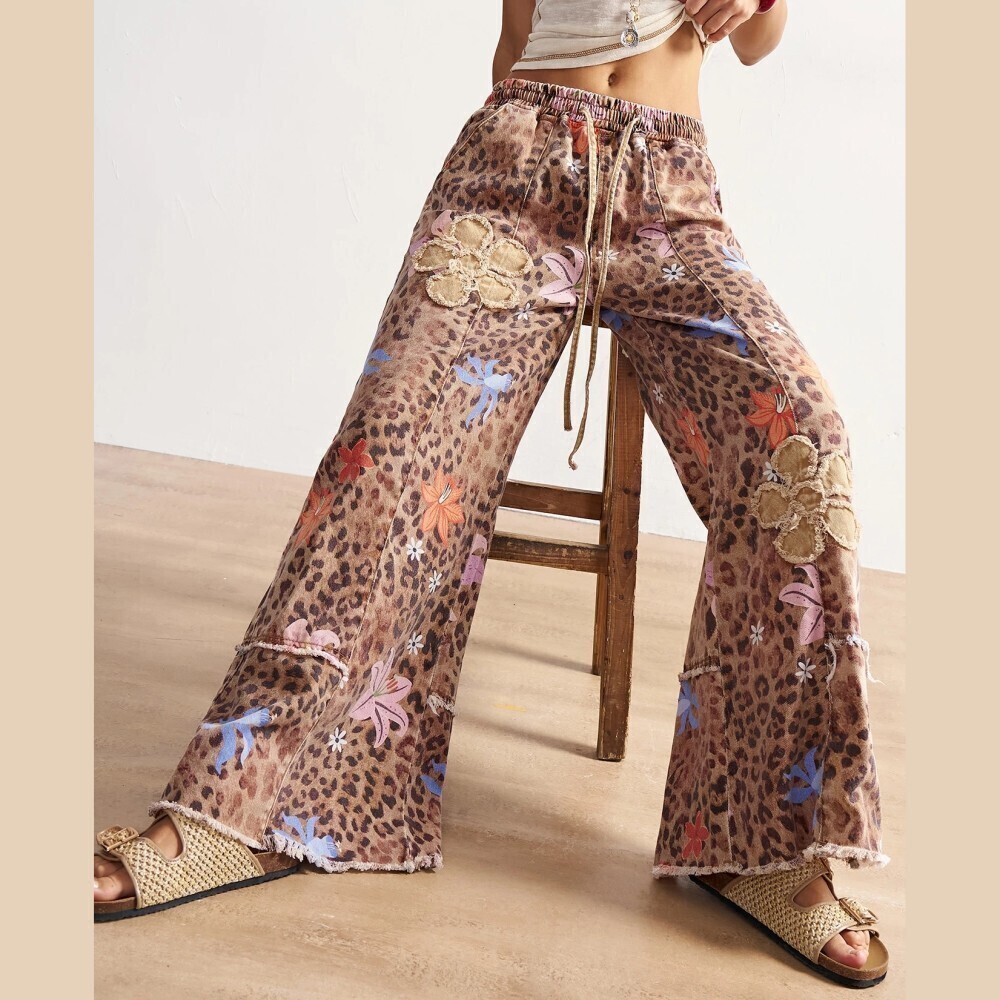 Brown Leopard Print Floral Applique Frayed Wide Leg Pants